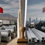 Camiones y productos industriales en la frontera entre México y Estados Unidos durante una negociación comercial