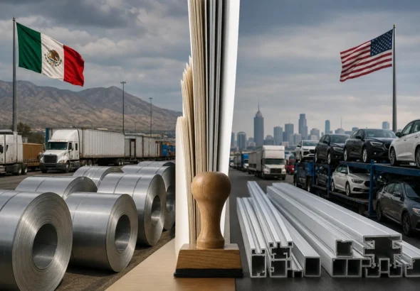 Camiones y productos industriales en la frontera entre México y Estados Unidos durante una negociación comercial