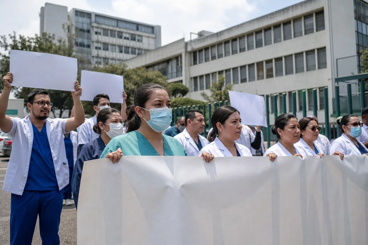Trabajadores del IMSS durante una movilización por salario y condiciones laborales