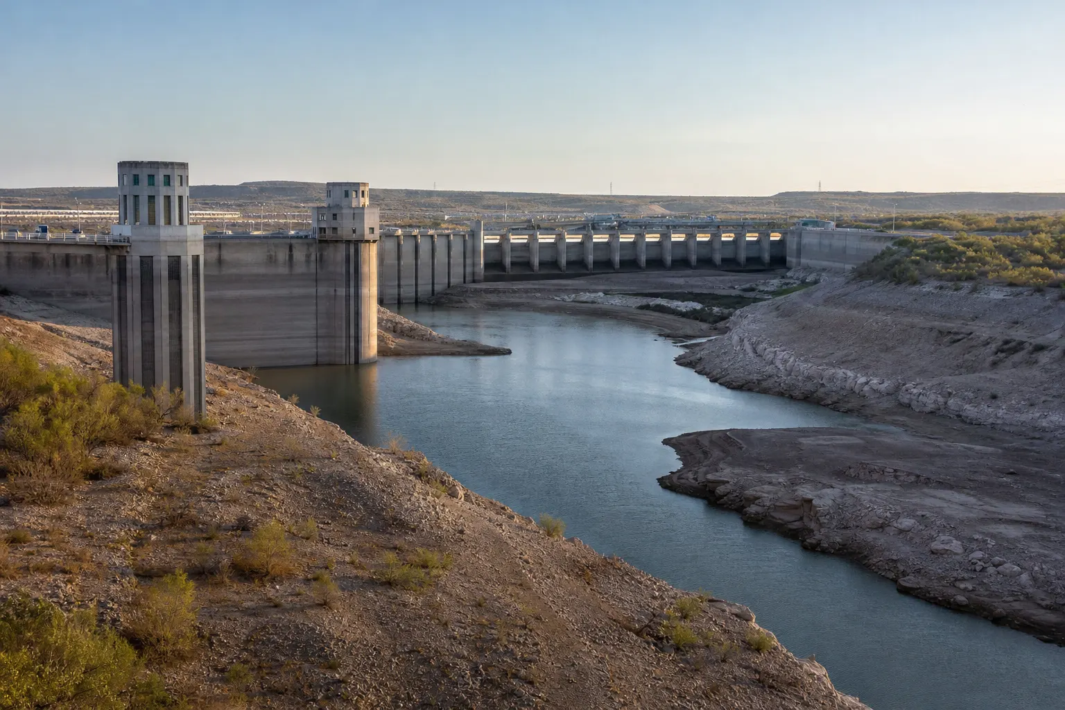 Presa La Amistad sobre el Río Bravo con bajo nivel de almacenamiento durante la sequía de 2026