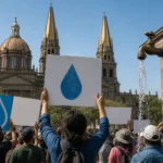 Manifestación ciudadana por la calidad del agua en Guadalajara frente a edificios públicos
