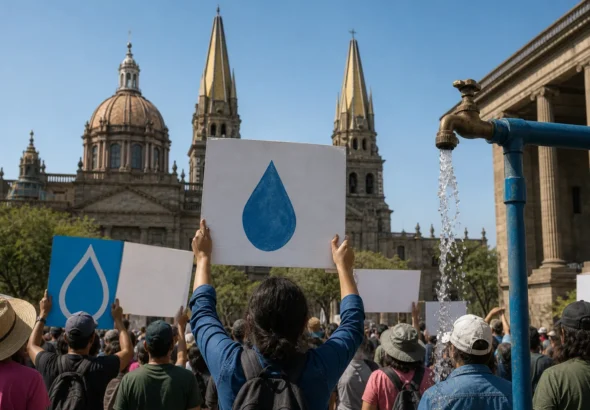 Manifestación ciudadana por la calidad del agua en Guadalajara frente a edificios públicos