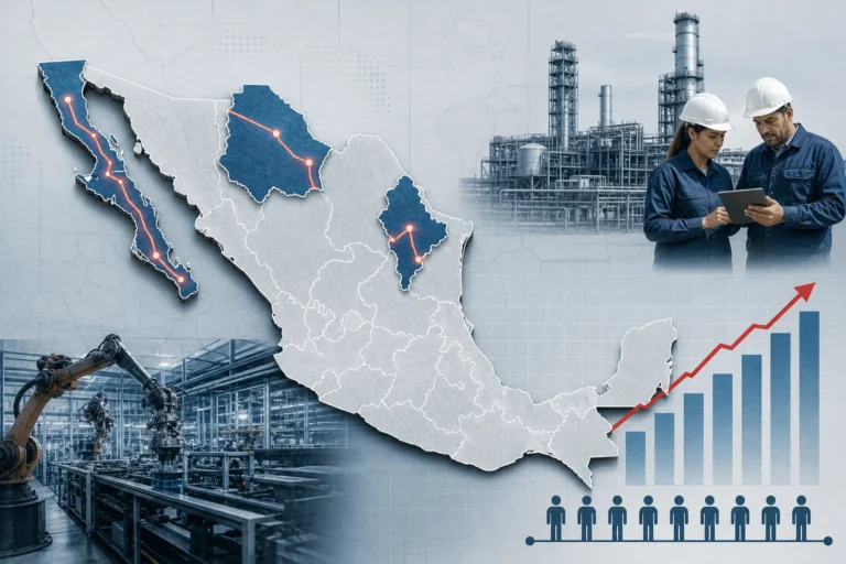 Mapa de México que muestra la concentración regional del empleo y los establecimientos IMMEX en agosto de 2026