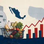 Recibo de electricidad y carrito de supermercado junto a una gráfica sobre la inflación en México durante octubre de 2026