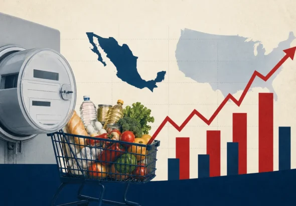 Recibo de electricidad y carrito de supermercado junto a una gráfica sobre la inflación en México durante octubre de 2026