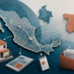 Mapa digital de México con una vivienda y documentos inmobiliarios conectados
