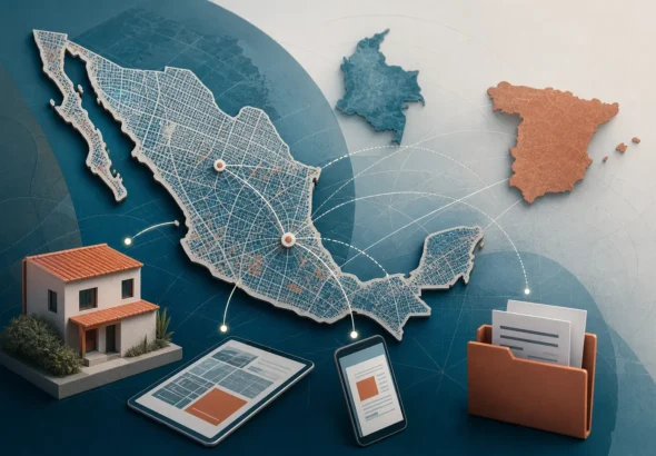 Mapa digital de México con una vivienda y documentos inmobiliarios conectados