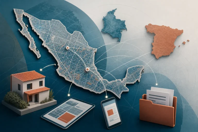 Mapa digital de México con una vivienda y documentos inmobiliarios conectados