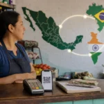 Comercio mexicano con opciones de pago digital y efectivo frente a un mapa comparativo de México, Brasil e India