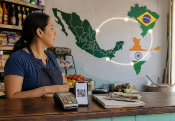 Comercio mexicano con opciones de pago digital y efectivo frente a un mapa comparativo de México, Brasil e India