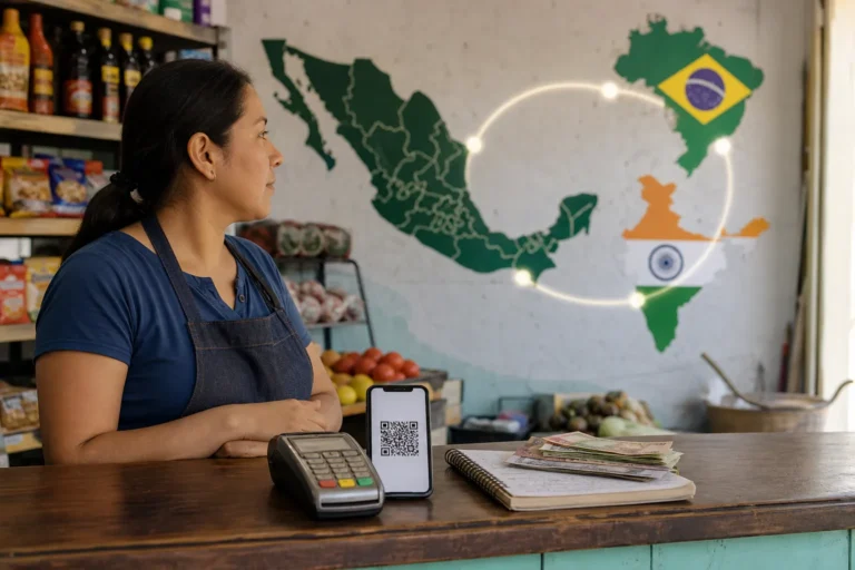 Comercio mexicano con opciones de pago digital y efectivo frente a un mapa comparativo de México, Brasil e India