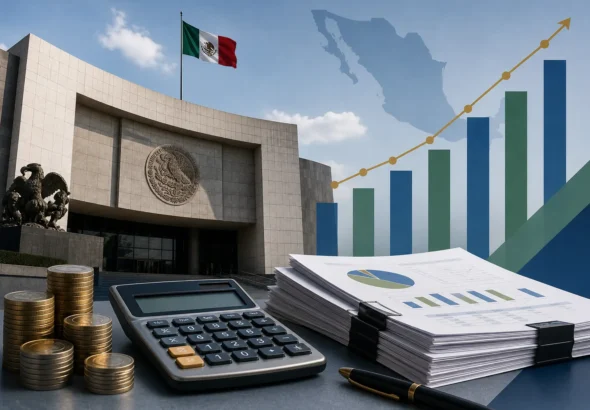 Documentos de la Ley de Ingresos 2027 junto al Senado de México y una gráfica comparativa con 2026