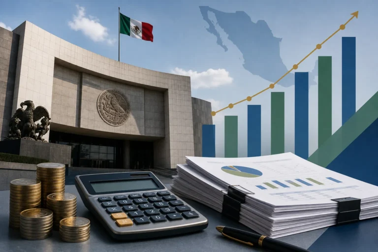Documentos de la Ley de Ingresos 2027 junto al Senado de México y una gráfica comparativa con 2026