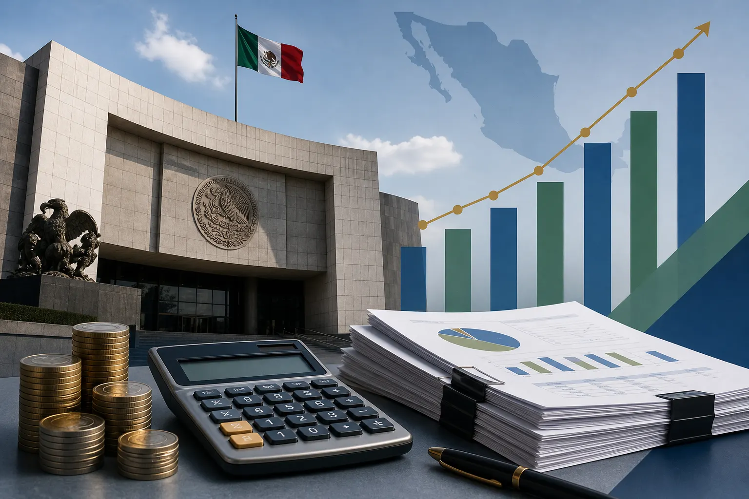 Documentos de la Ley de Ingresos 2027 junto al Senado de México y una gráfica comparativa con 2026