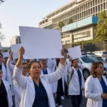 Trabajadores disidentes del IMSS durante una movilización en Ciudad de México