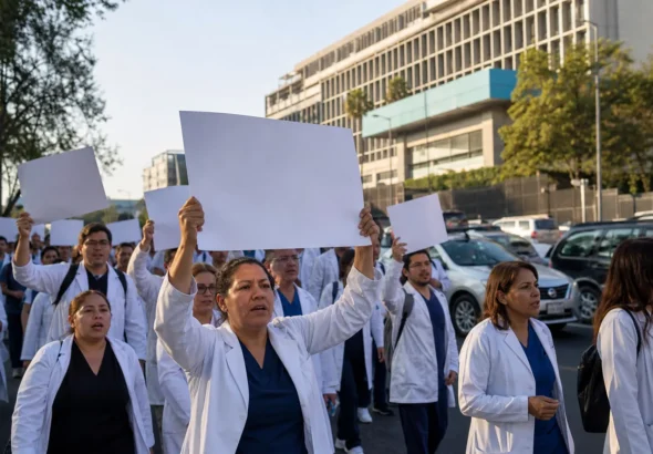 Trabajadores disidentes del IMSS durante una movilización en Ciudad de México