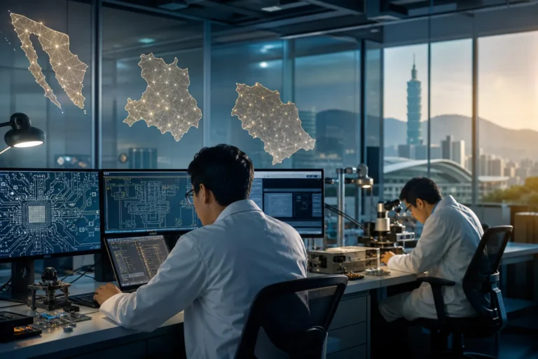 Ingenieros mexicanos trabajan en un laboratorio de diseño de semiconductores relacionado con Kutsari
