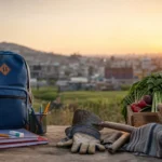 Mochila escolar junto a herramientas de trabajo para representar el trabajo infantil en México