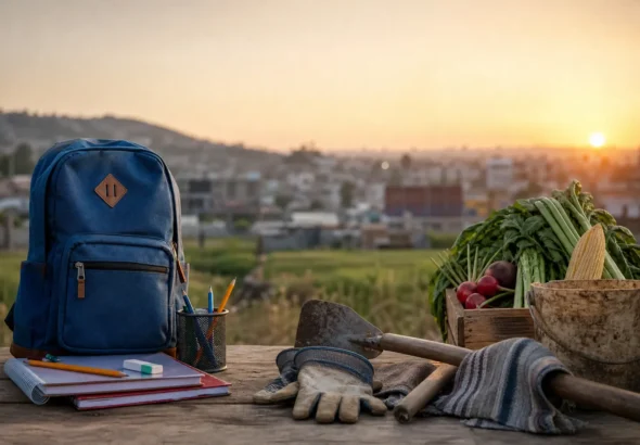 Mochila escolar junto a herramientas de trabajo para representar el trabajo infantil en México