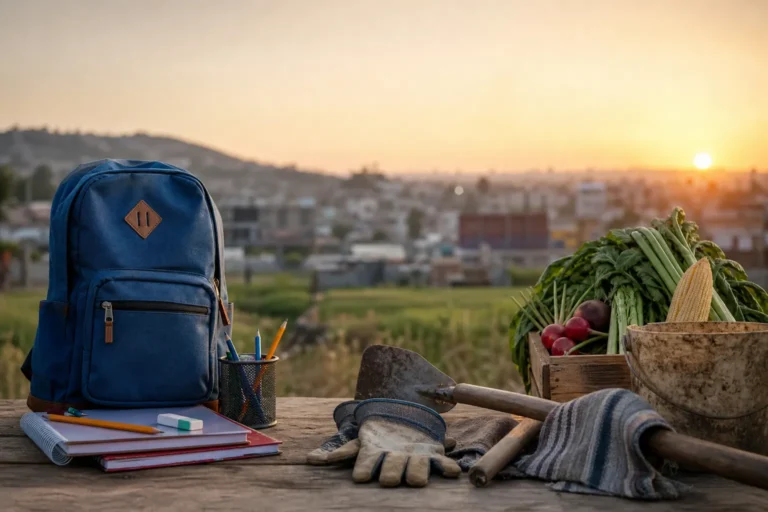 Mochila escolar junto a herramientas de trabajo para representar el trabajo infantil en México
