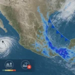 Mapa de México con Trudy debilitada frente a Jalisco y lluvias del frente frío en Veracruz y Tabasco