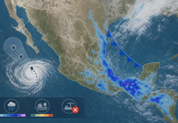 Mapa de México con Trudy debilitada frente a Jalisco y lluvias del frente frío en Veracruz y Tabasco