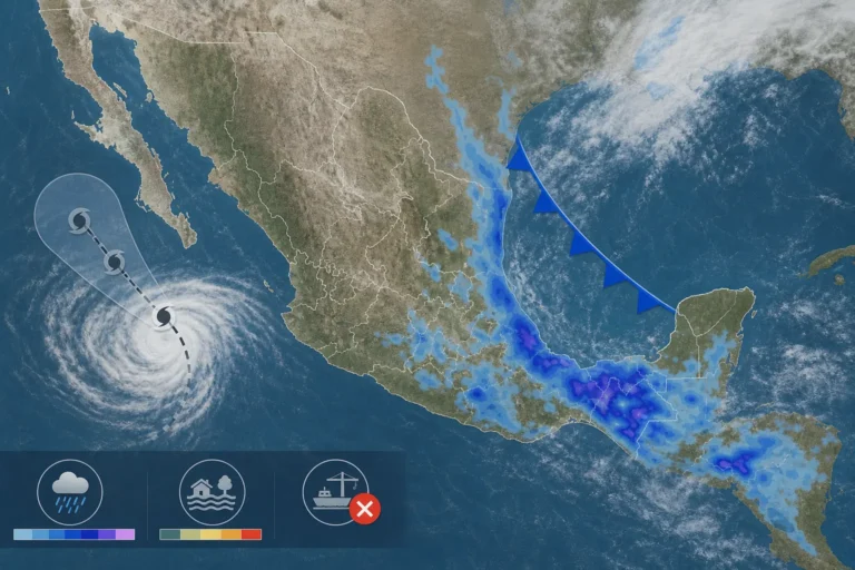 Mapa de México con Trudy debilitada frente a Jalisco y lluvias del frente frío en Veracruz y Tabasco